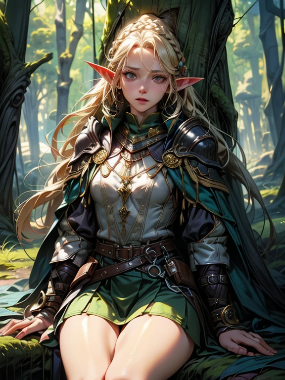 masterpiece, highest quality, Very detailed, 16k, Ultra-high resolution、1 14 year old elf girl, Detailed face、Perfect Fingers, Elf Ears, Small breasts, blue eyes, Blonde, Braid, Sleeveless, Tight Skirt, Light clothing, Carrying a bow on your back, in the forest, Sitting on the branch of a big tree