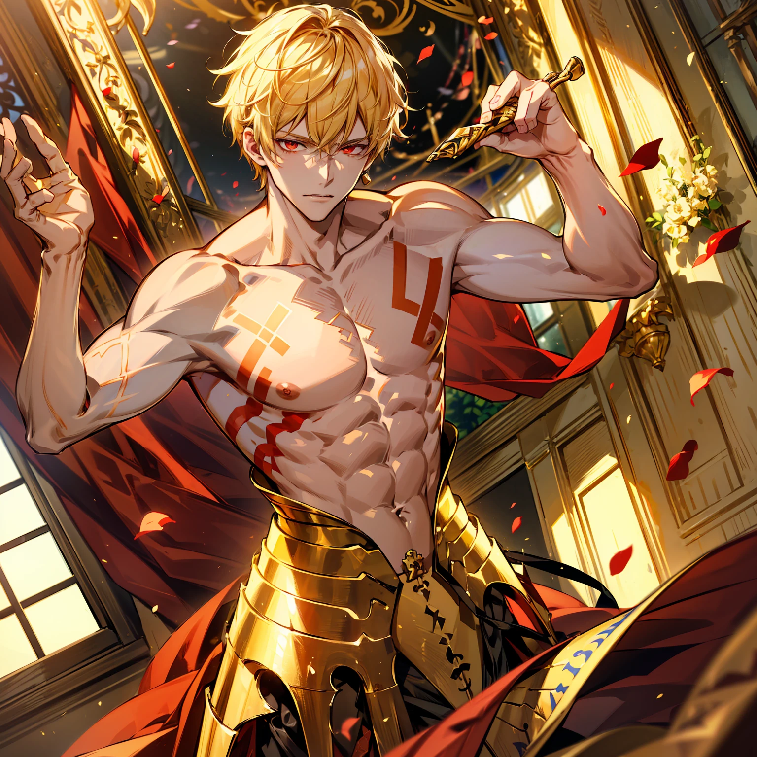 (absurdres, highres, ultra detailed, HDR), masterpiece, best quality, Gilgamesh, 1man, solo, handsome, short hair, blonde hair, vibrant red eyes, finely eye and detailed face, topless, gold armor, tattoo, red roses, window, petals