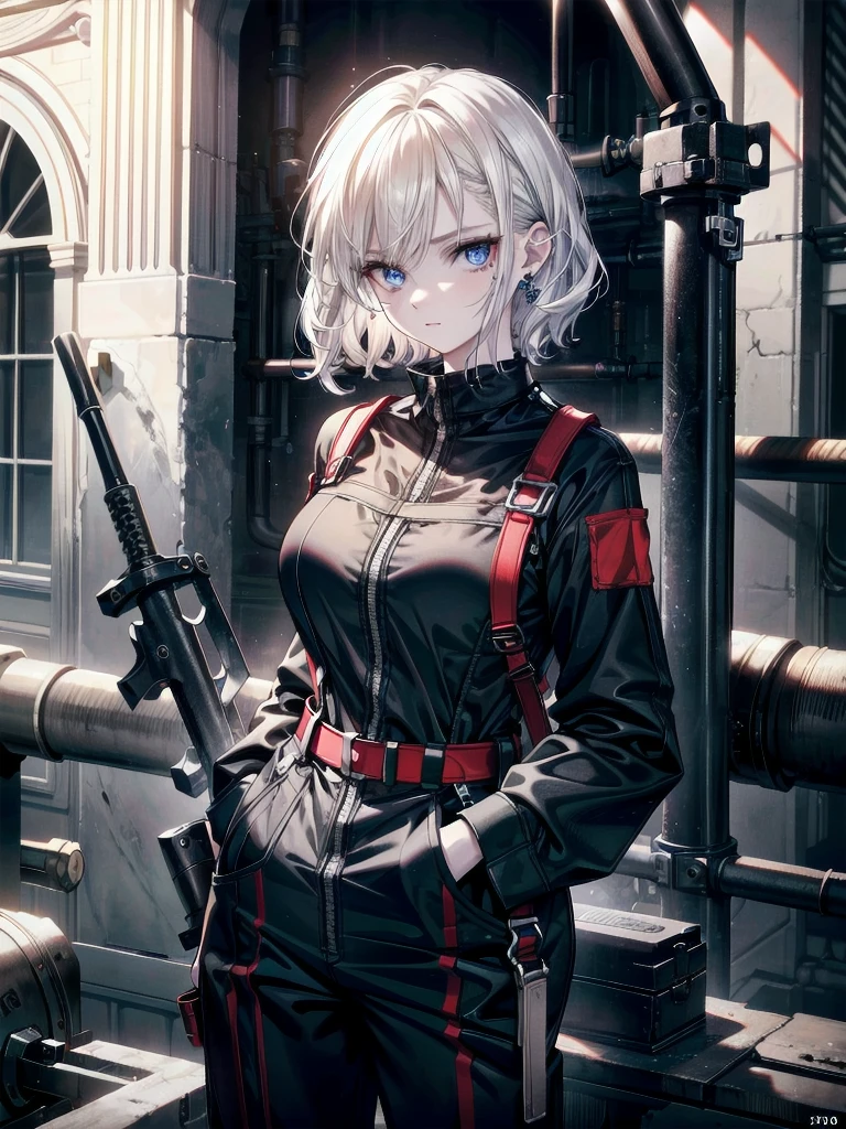 whole body, mechanic jumpsuit, (huge hammer weapon), absurdres, RAW photo, extremely delicate and beautiful, masterpiece, Best Quality, ultra high resolution, 32k, hyperrealistic, ultra-detailed, detailed description, pale skin, 20 years old, detailed beautiful face and eyes, tearful mole, earring, Colossal tits, short medium hair, wavy hair,