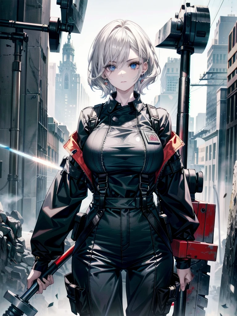 whole body, mechanic jumpsuit, (huge hammer weapon), absurdres, RAW photo, extremely delicate and beautiful, masterpiece, Best Quality, ultra high resolution, 32k, hyperrealistic, ultra-detailed, detailed description, pale skin, 20 years old, detailed beautiful face and eyes, tearful mole, earring, Colossal tits, short medium hair, wavy hair,