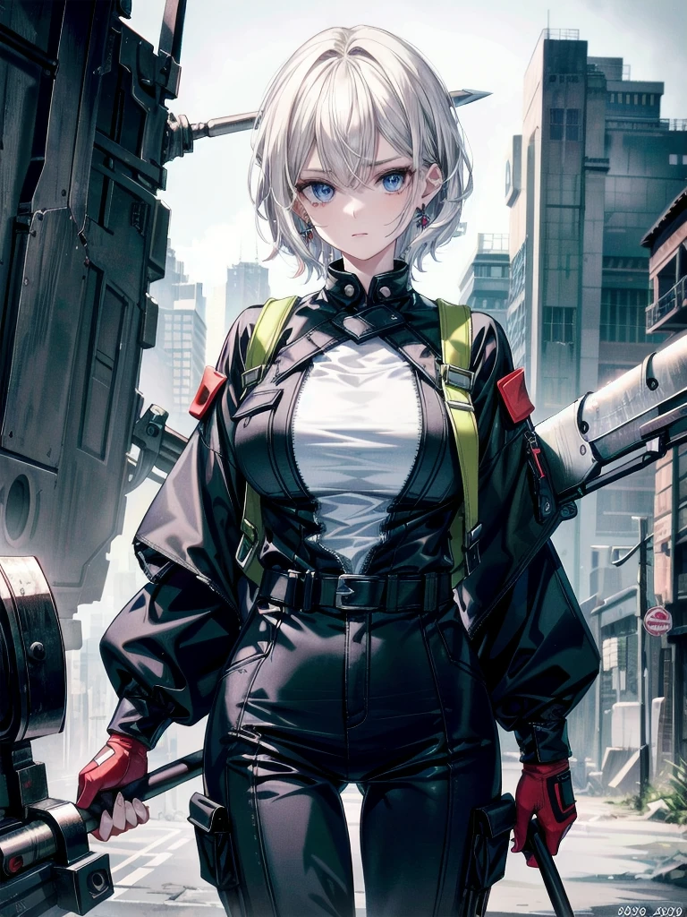 whole body, mechanic jumpsuit, (huge hammer weapon), absurdres, RAW photo, extremely delicate and beautiful, masterpiece, Best Quality, ultra high resolution, 32k, hyperrealistic, ultra-detailed, detailed description, pale skin, 20 years old, detailed beautiful face and eyes, tearful mole, earring, Colossal tits, short medium hair, wavy hair,