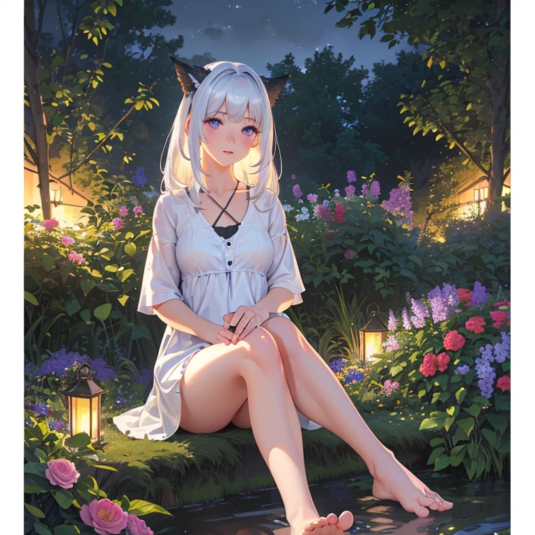 (best quality,4k,8k,highres,masterpiece:1.2),ultra-detailed,(realistic,photorealistic,photo-realistic:1.37),illustration,soft lighting,a girl with white hair,deep purple eyes,glowing eyes,sitting down,barefoot,face blushing,in a garden at night,flowers.