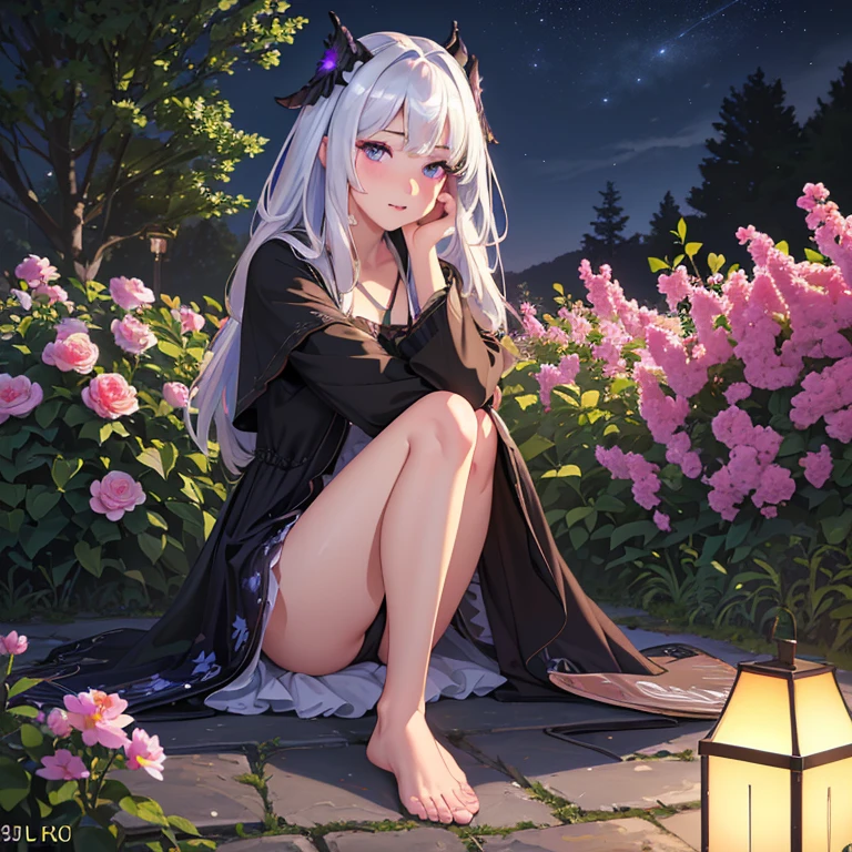 (best quality,4k,8k,highres,masterpiece:1.2),ultra-detailed,(realistic,photorealistic,photo-realistic:1.37),illustration,soft lighting,a girl with white hair,deep purple eyes,glowing eyes,sitting down,barefoot,face blushing,in a garden at night,flowers.