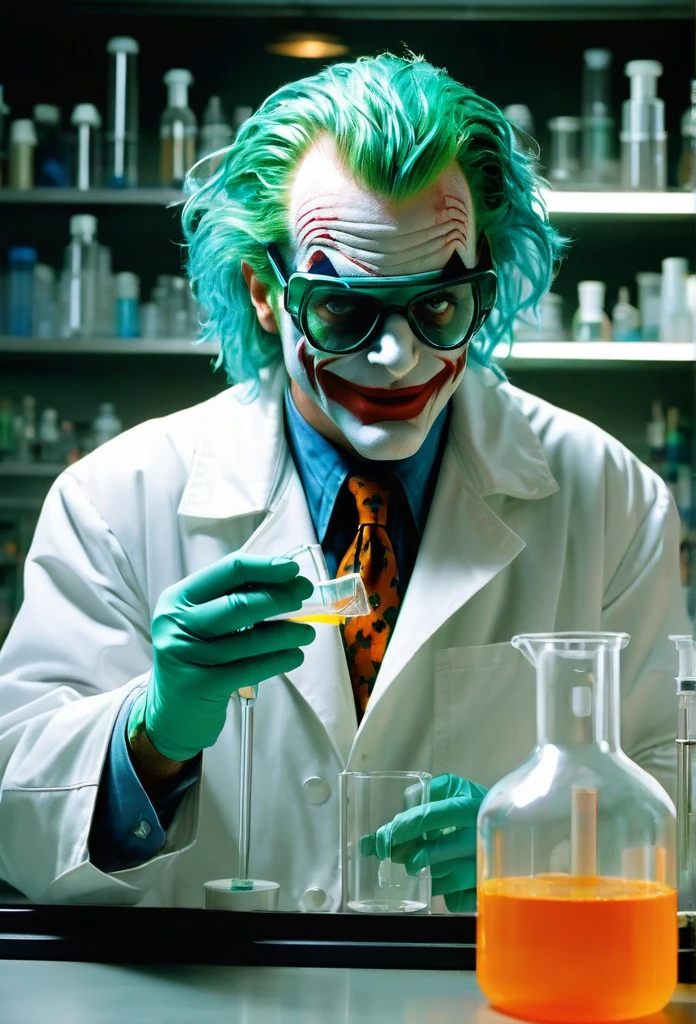 Jack Nicholson as The 1992 Joker with wild, green hair, a menacing smile, and a pair of protective goggles, serious and determined face expression, wearing a white laboratory coat, trying to mix two fluids in a crystal clear reaction tube glass, one in his right hand is a bright orange viscous fluid, and one in his left hand is a blue liquid, in a neat, tidy, and well-organized chemical laboratory, with a bubbling flask and smoke rising from it, with insane detail, high resolution, high definition, 8k, ultra sharp and crisp, realistic style, Don Lawrence style, octane render, cinematic
