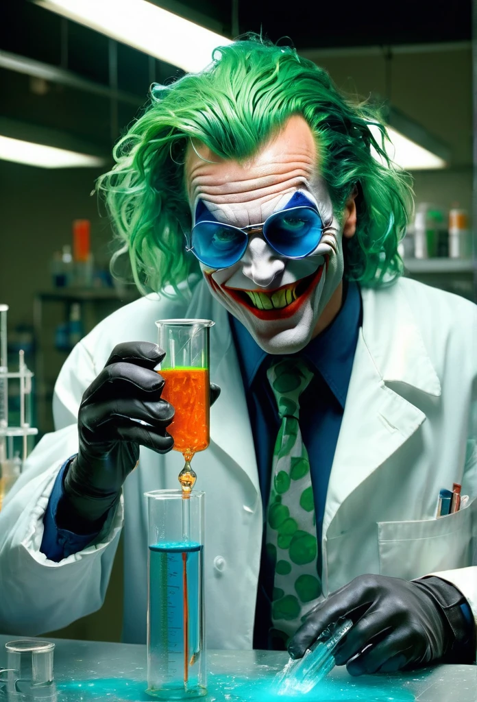 Jack Nicholson as The 1992 Joker with wild, green hair, a menacing smile, and a pair of protective goggles, serious and determined face expression, wearing a white laboratory coat, trying to mix two fluids in a crystal clear reaction tube glass, one in his right hand is a bright orange viscous fluid, and one in his left hand is a blue liquid, in a neat, tidy, and well-organized chemical laboratory, with a bubbling flask and smoke rising from it, with insane detail, high resolution, high definition, 8k, ultra sharp and crisp, realistic style, Don Lawrence style, octane render, cinematic