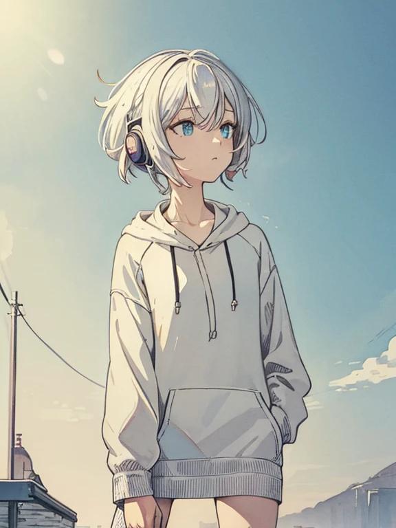 cool, masterpiece, highest quality, High resolution,,Woman standing on the roof, alone,Silver Hair, Small earrings,short hair, outside,Artistic,An illustration,Line art,Aqua Eye,morning,Best lighting,sun,casual, Woman wearing a hoodie,Flat Chest,Watercolor,Beautiful Face,tall,Woman with headphones around her neck