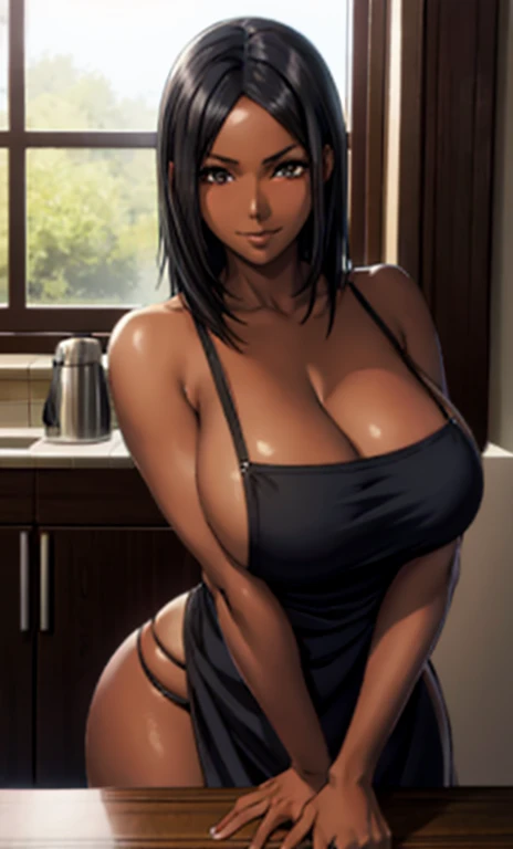 standing, solo, 1girl, mature female,  naked apron, coffee apron,  black ebony skin, large breasts, areola slip, cleavage, leaning forward, hanging breasts, curvy, hands on table, arms down, looking at viewer, blush, parted lips, light smile, long black hair, black colour hair, black skin,  very cute anime girl face, black skin anime girl, 