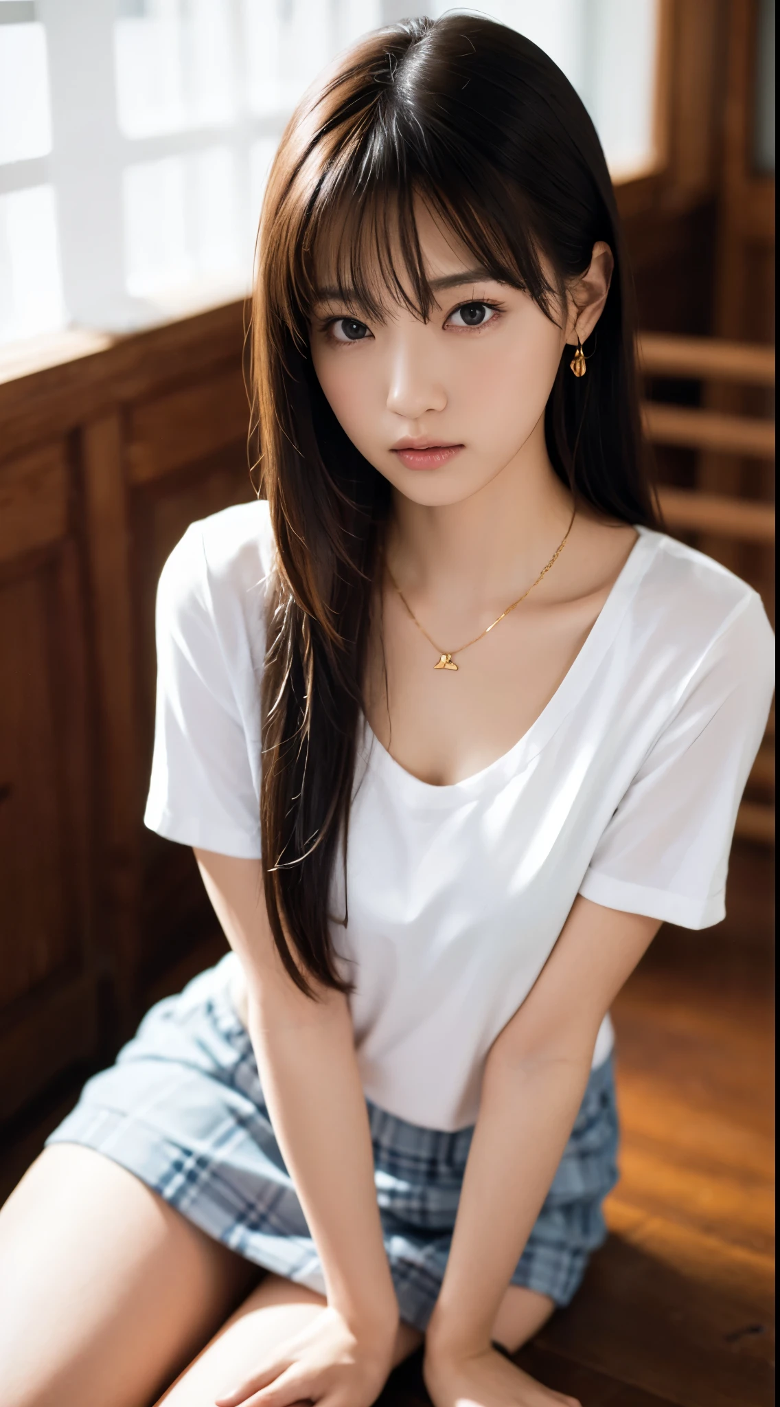 (8k、Raw photo、highest quality、masterpiece:1.2)、(Realistic、Photorealistic:1.37)、Ultra-detailed、超A high resolution、1 girl、Seeing the viewer、Beautifully detailed face、,skirt,High heels、narrow、(Narrow waist) :1.3)、Beautifully detailed skin、Skin Texture、Floating Hair、Professional Lighting、Human whole body、Long Hair、White T-shirt、F cup breasts、Huge 、Poses that accentuate the chest、whole、Short sleeve、Twin tail hairstyle、small gold necklace、Inside the room、Sitting on a be、Crossed legs、All fours