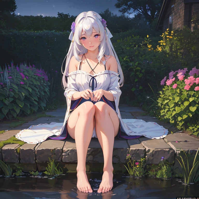 (best quality,4k,8k,highres,masterpiece:1.2),ultra-detailed,(realistic,photorealistic,photo-realistic:1.37),illustration,soft lighting,a girl with white hair,deep purple eyes,glowing eyes,sitting down,barefoot,face blushing,in a garden at night,flowers.