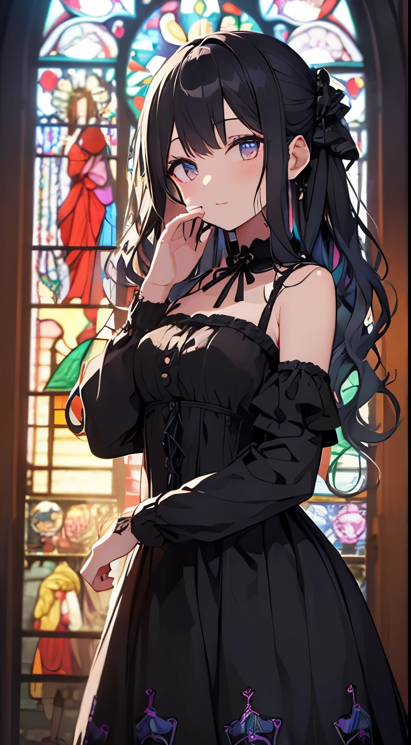 (masterpiece), (highest quality), (Super detailed), beautiful, (Cathedral), (girl１name),, girl, Long Hair, (Wavy Hair:1.5), Shiny Hair, Black Hair, , 深紅のbeautiful瞳，Girl in a black dress,ribbon,Race,(Gothic print:1.5),Iridescent stained glass，Place your hands in front of your face，Prayer Pose，Hysterical facial expression，Scrunchies on the wrist
