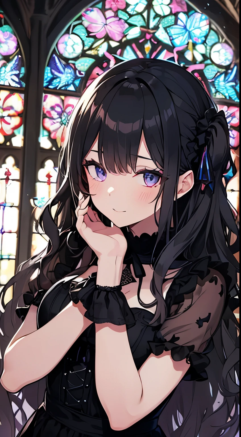 (masterpiece), (highest quality), (Super detailed), beautiful, (Cathedral), (girl1name),, girl, Long Hair, (Wavy Hair:1.5), Shiny Hair, Black Hair, , 深紅のbeautiful瞳,Girl in a black dress,ribbon,Race,(Gothic print:1.5),Iridescent stained glass,Place your hands in front of your face,Prayer Pose,Hysterical facial expression,Scrunchies on the wrist