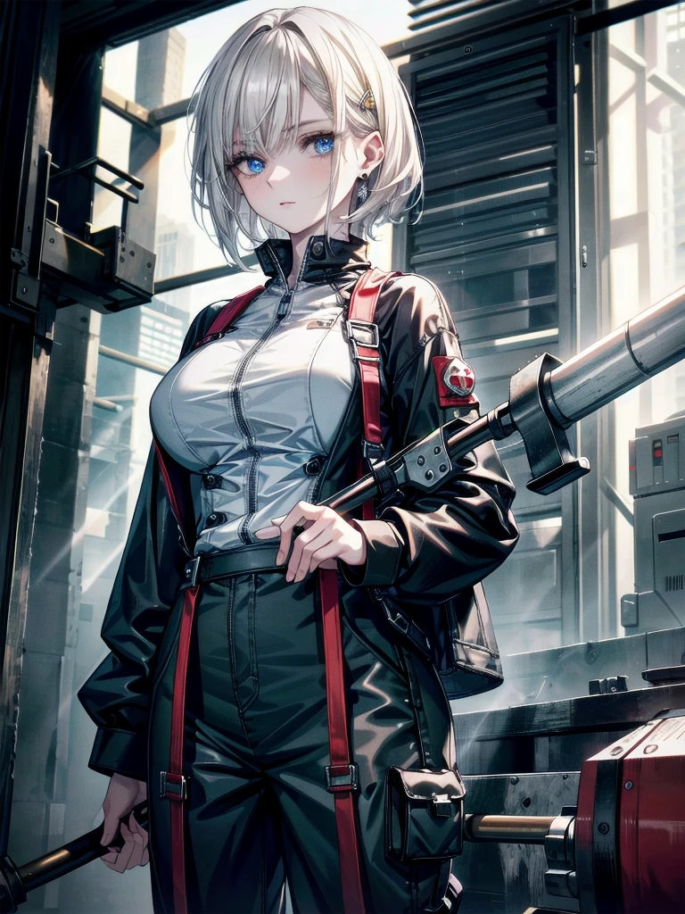 whole body, mechanic jumpsuit, (huge hammer), absurdres, RAW photo, extremely delicate and beautiful, masterpiece, Best Quality, ultra high resolution, 32k, hyperrealistic, ultra-detailed, detailed description, pale skin, 20 years old, detailed beautiful face and eyes, tearful mole, earring, Colossal tits, short medium hair, wavy hair,