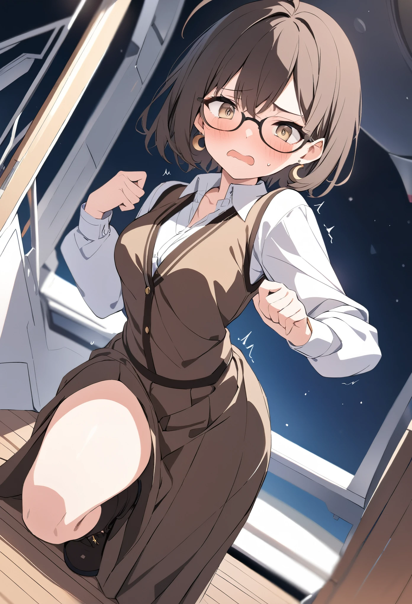 best quality, masterpiece, ultra resolution, super details, anatomically correct, a girl of twenty, full body, (dark brown hair:1.2), high quality eyes, high quality hands, short hair, light golden eyes, (dual short ahoges:1.5), glasses, asymmetric earrings, (round earring on the right ear:1.4), (crescent earring on the left ear:1.2), medium breasts, white shirt, brown vest dress, long sleeves, loose sleeves, (long skirt), short boots, coward, (shaking mouth:1.2), fluish, embarrased expression, on the deck of a starship, high quality background, depth of field, dutch angle