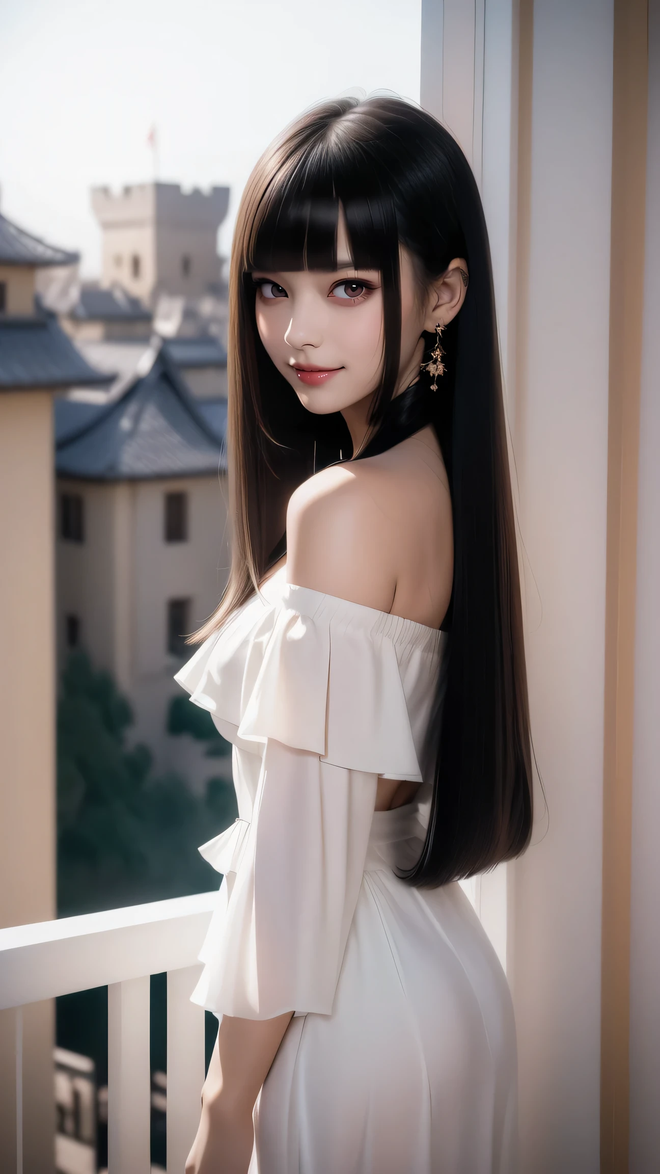 ((Straight bangs、Princess Bang)),((Very heavy、Voluminous bangs:1.1)),((very long、Very heavy、Very voluminous side locks:1.1)), Hime cut、Straight bangs hairstyle、Round face and ugly bangs、Long hair with ugly bangs、The bangs are cut straight、(masterpiece、highest quality:1. 5), (Ultra-fine 8K CG:1.4), (hyperRealistic:1.25), (PhotoRealistic:1.25), (Realistic:1.4), (View Top:1.35), (Rear view),(look back), (smile1.3)、 1 japanese beautiful girl, 19 years old, Supermodel, Japanese Idols, (smile)、 (Translucent off-shoulder white dress :1.1),( Girl standing on balcony of old castle:1.4), (A European castle is hazy in the background.),Backlight、silhouette、nipple、