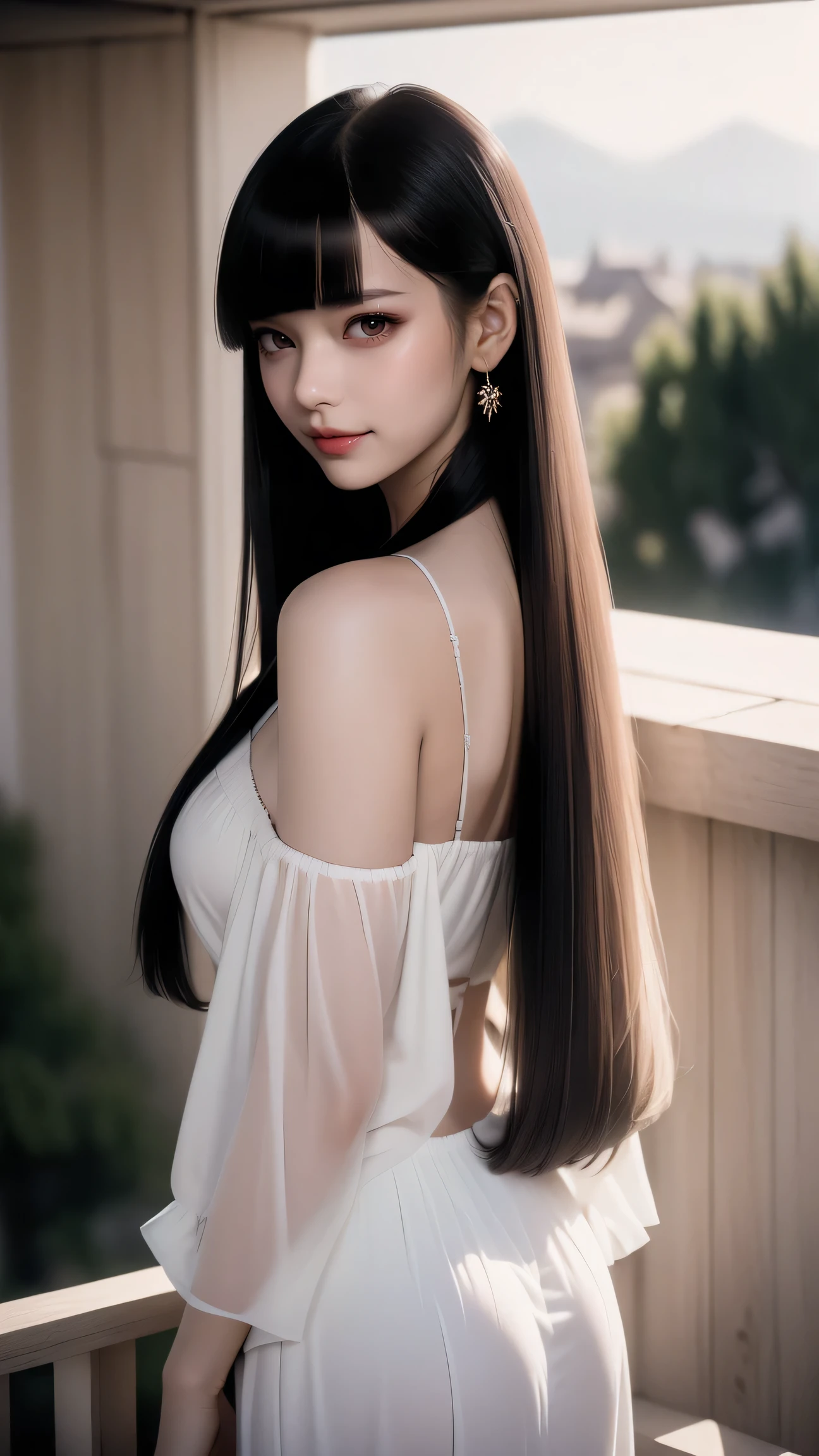 ((Straight bangs、Princess Bang)),((Very heavy、Voluminous bangs:1.1)),((very long、Very heavy、Very voluminous side locks:1.1)), Hime cut、Straight bangs hairstyle、Round face and ugly bangs、Long hair with ugly bangs、The bangs are cut straight、(masterpiece、highest quality:1. 5), (Ultra-fine 8K CG:1.4), (hyperRealistic:1.25), (PhotoRealistic:1.25), (Realistic:1.4), (View Top:1.35), (Rear view),(look back), (smile1.3)、 1 japanese beautiful girl, 19 years old, Supermodel, Japanese Idols, (smile)、 (Translucent off-shoulder white dress :1.1),( Girl standing on balcony of old castle:1.4), (A European castle is hazy in the background.),Backlight、silhouette、nipple、