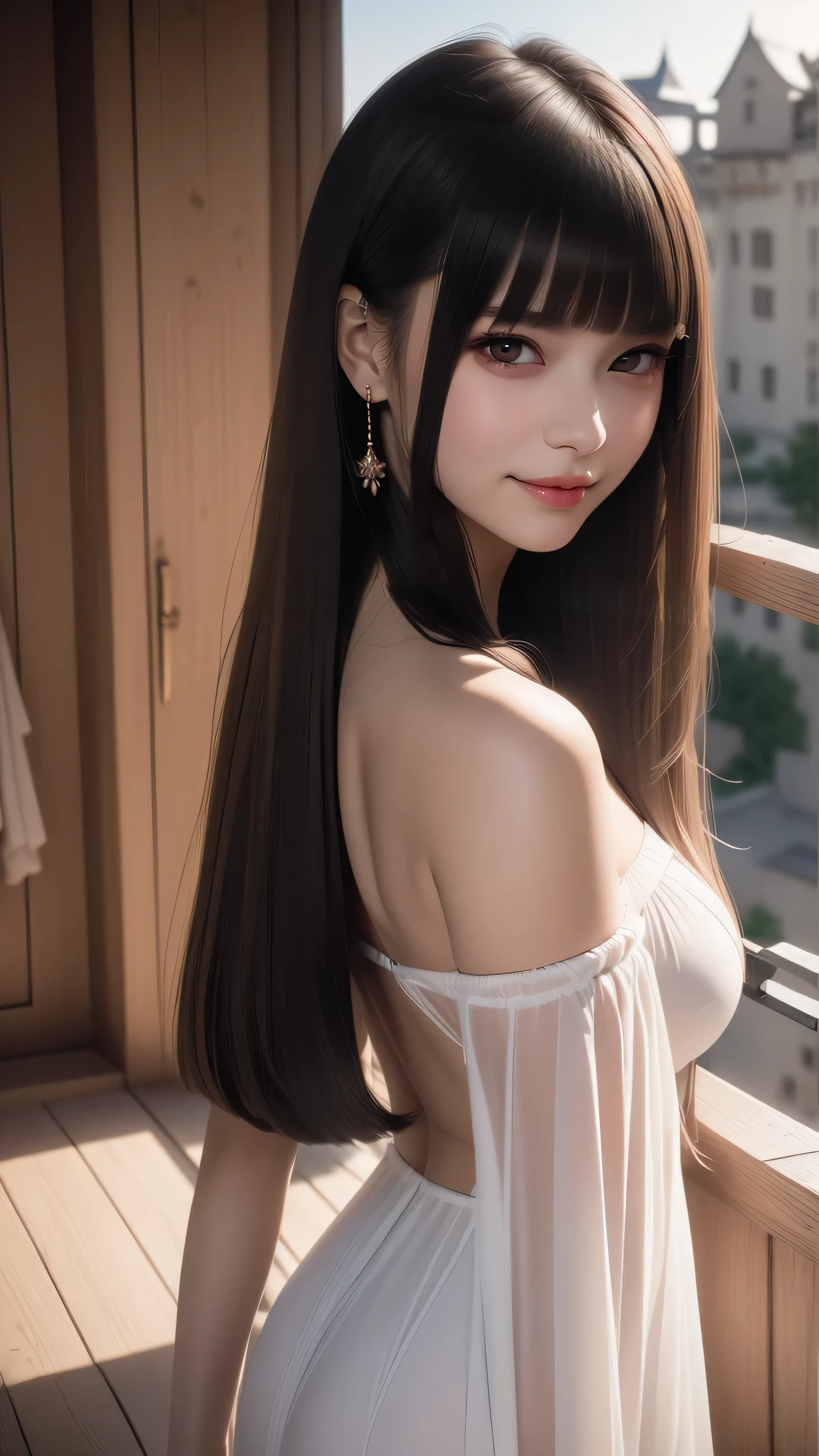 ((Straight bangs、Princess Bang)),((Very heavy、Voluminous bangs:1.1)),((very long、Very heavy、Very voluminous side locks:1.1)), Hime cut、Straight bangs hairstyle、Round face and ugly bangs、Long hair with ugly bangs、The bangs are cut straight、(masterpiece、highest quality:1. 5), (Ultra-fine 8K CG:1.4), (hyperRealistic:1.25), (PhotoRealistic:1.25), (Realistic:1.4), (View Top:1.35), (Rear view),(look back), (smile1.3)、 1 japanese beautiful girl, 19 years old, Supermodel, Japanese Idols, (smile)、 (Translucent off-shoulder white dress :1.1),( Girl standing on balcony of old castle:1.4), (A European castle is hazy in the background.),Backlight、silhouette、nipple、