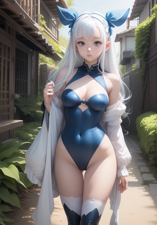 girl、、Bink、leotard、whole body。blue eyes、White Hair、Functional、Seductive pose、front、noon、Outdoor、garden、Beach、