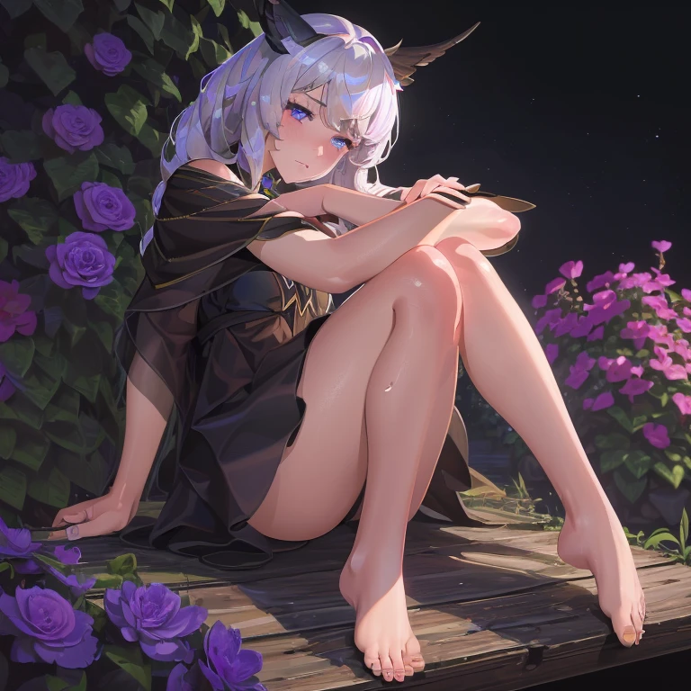 (best quality,4k,8k,highres,masterpiece:1.2),ultra-detailed,(realistic,photorealistic,photo-realistic:1.37),illustration,soft lighting,a girl with white hair,deep purple eyes,glowing eyes,sitting down,barefoot,face blushing,in a garden at night,flowers.