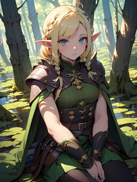 masterpiece, highest quality, Very detailed, 16k, Ultra-high resolution、1 14 year old elf girl, Detailed face、Perfect Fingers, Elf Ears, Small breasts, blue eyes, Blonde, Braid, Sleeveless, Tight Skirt, Light clothing, Carrying a bow on your back, in the forest, Sitting on the branch of a big tree