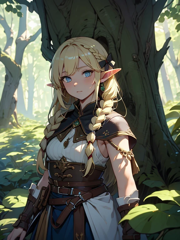 masterpiece, highest quality, Very detailed, 16k, Ultra-high resolution、1  elf girl, Detailed face、Perfect Fingers, Elf Ears, Small breasts, blue eyes, Blonde, Braid, Sleeveless, Tight Skirt, Light clothing, Carrying a bow on your back, in the forest, Sitting on the branch of a big tree