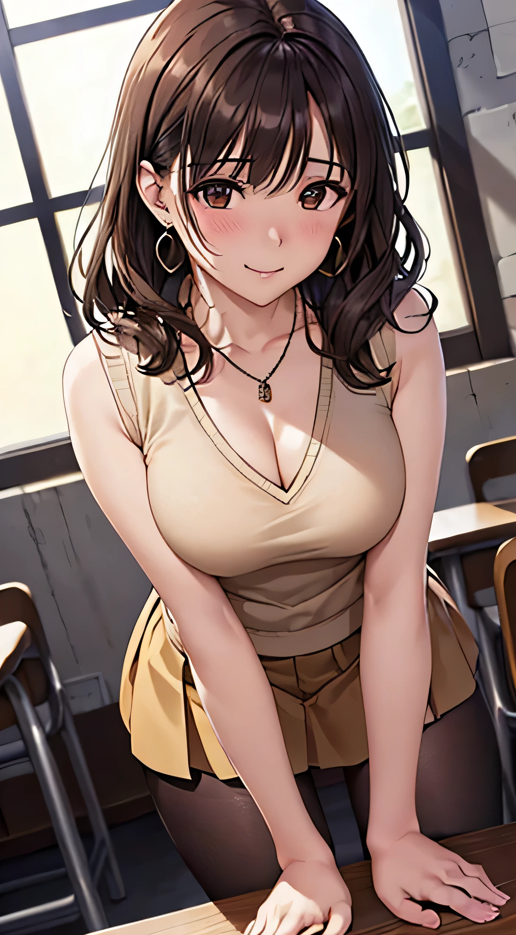 (Tabletop, highest quality, High resolution, , Perfect Pixel, 4K,), 1 girl, single, alone, Beautiful woman、I could see the whole body、 ((Wavy mid-length hair, bangs, Brown Hair)), ((Brown eyes, Beautiful eyelashes, Realistic eyes)), ((Detailed face, blush:1.2)), ((Smooth texture:0.75, Realistic texture:0.65, Realistic:1.1, Anime CG Style)), Medium Chest, Dynamic Angle, Perfect body, female teacher、((, Beige sleeveless sweater、Dark Blue Long Pleated Skirt、Black Stockings、Cute Necklace、Earrings、)), look up、A shy smile、Accentuate your breasts、Put your hands behind your back、Leaning forward significantly、)、Angle from below、classroom、、、