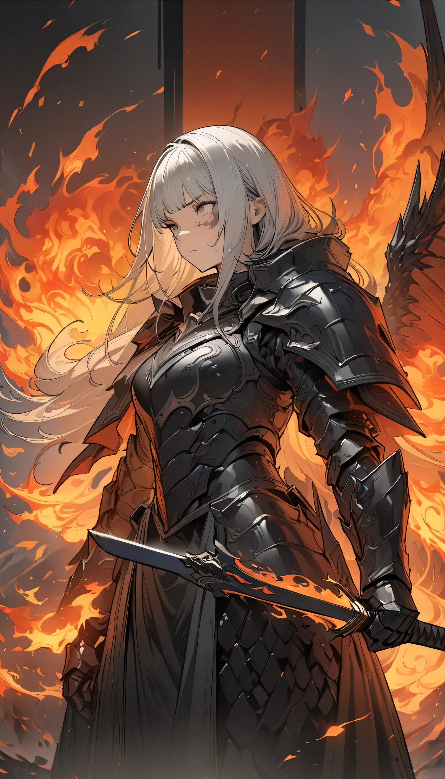 ((Ultra-fine illustrations, 8k, masterpiece :1.2, Sharp focus :1.2, Depth of written boundary:1.2)), Beautiful female swordsman, Disorganized, Highly detailed face and skin texture, Silver Hair, Jet Black Armor, Flame Armor, Cloak on Fire, Flaming Sword, Wings of Fire, Determination to overcome sadness, There&#39;s a sign of determination in your gentle eyes , Strong Soul、Full Body Shot