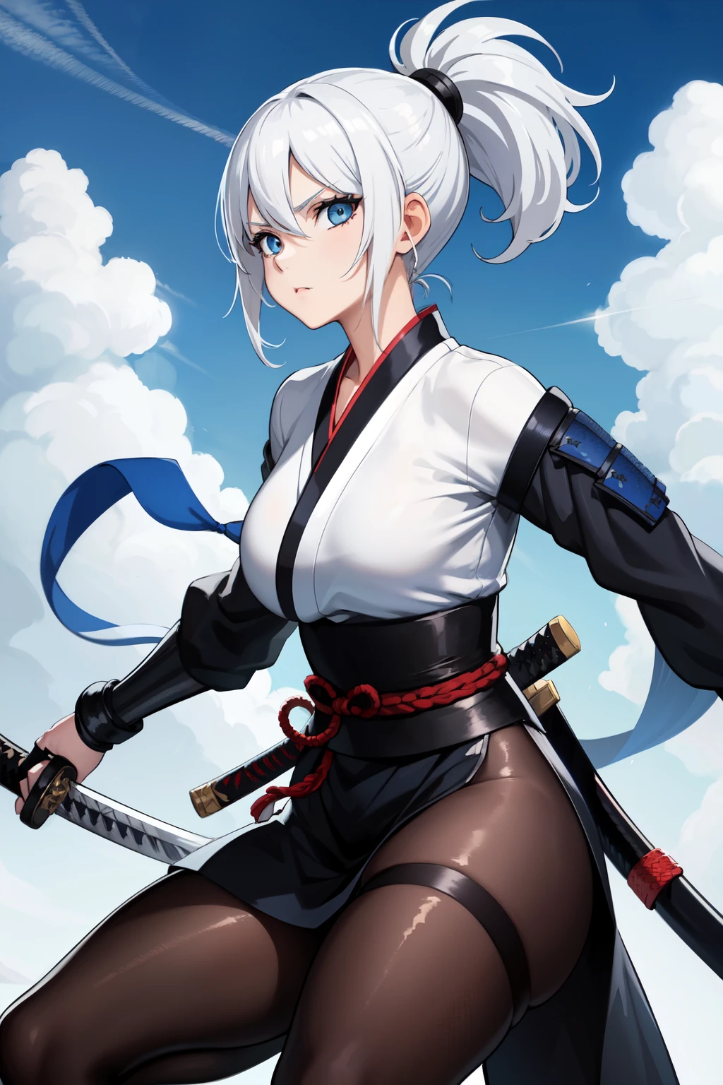 masterpiece, best quality, 1girl, short ponytail hair, white hair, katana, blue eyes, heavenly clouds, kunoichi style , cool