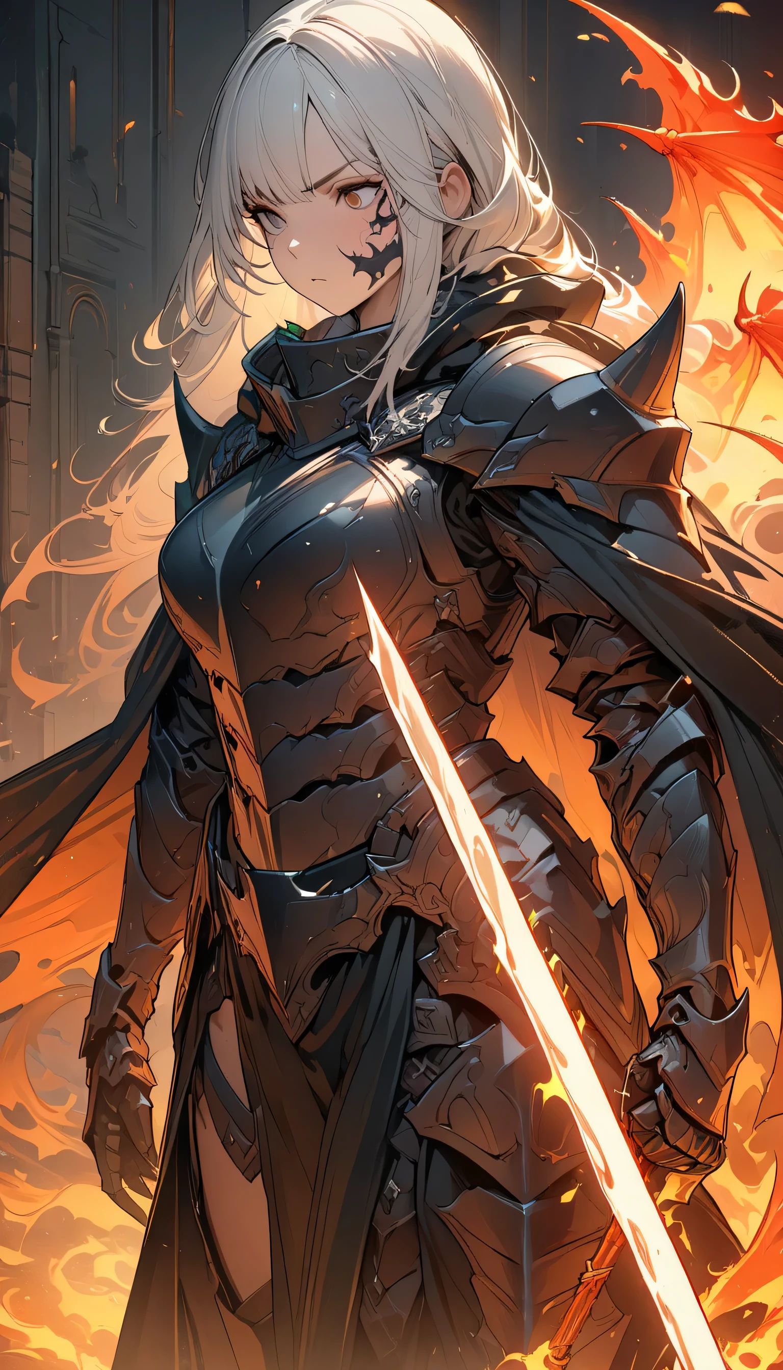 ((Ultra-fine illustrations, 8k, masterpiece :1.2, Sharp focus :1.2, Depth of written boundary:1.2)), Beautiful female swordsman, Disorganized, Highly detailed face and skin texture, Silver Hair, Jet Black Armor, Flame Armor, Cloak on Fire, Flaming Sword, Wings of Fire, Determination to overcome sadness, There's a sign of determination in your gentle eyes , Strong Soul、Full Body Shot