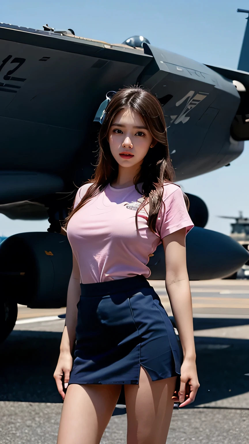 8k, highest quality, ultra detailed:1.37), Ray Tracing , Unity 8k wallpaper, ((18 years)), a beautiful Asian girl, ((proudly stands in a Aircraft Carrier Deck)), representing her as a Navy Pilot, ((She wears a fitted Luxury pink T-shirt)), ((Luxury Royal blue micro skirt with slit middle, high heels)), full body, sexy long legs. The high-resolution image captures ultra-detailed realism, highlighting Eliana's determined expression, piercing eyes, and confident stance. The backdrop showcase Aircraft carriers, adding to the authenticity and significance of the image. This visually striking representation showcases Eliana's strength and dedication as a Navy pilot, Big ship, ((Blue sea)), (((Aircraft Carrier Deck))), Fighter Jets, Army Helicopter, Chinook Helicopter, ((Detailed face)), ((Perfect body figure)), ((Detailed hair)), ((Detailed Dress)), ((Detailed background)), ((detailed skin)), ((detailed Fighter Jets)), cute knees, Aircraft carriers, Stylish looks, Perfect Young breasts under dress, realistic Skin, Perfect Angles, Ultra Realistic, Ultra HD image Clarity, fighter Jet Helmet in Hands, Eyes are very hot looks, Slightly open mouth,