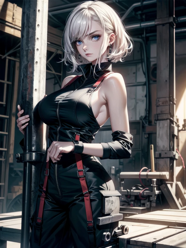 whole body, (mechanic's jumpsuit), absurdres, RAW photo, extremely delicate and beautiful, masterpiece, Best Quality, ultra high resolution, 32k, hyperrealistic, ultra-detailed, detailed description, pale skin, 20 years old, detailed beautiful face and eyes, tearful mole, earring, Colossal tits, short medium hair, wavy hair,