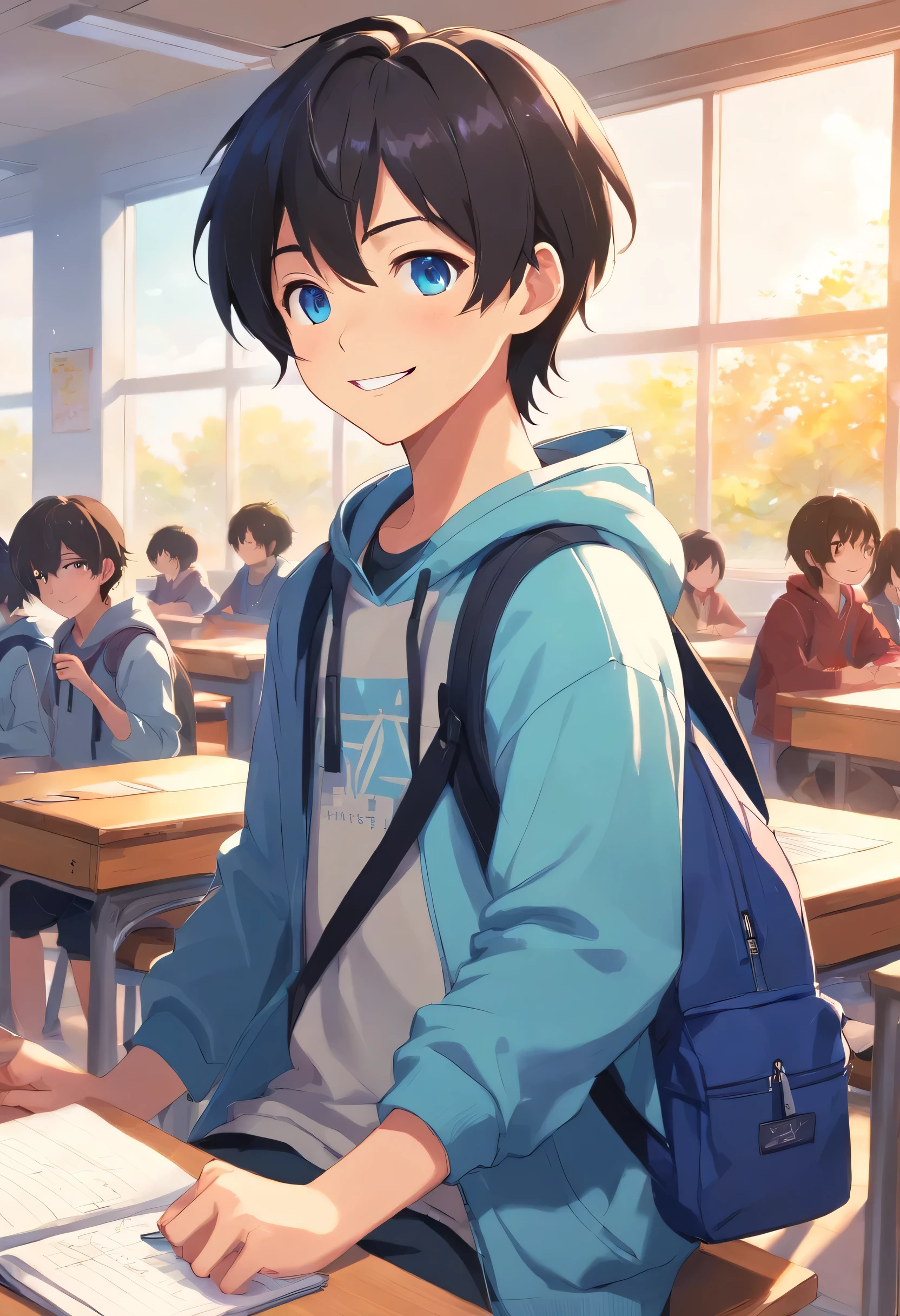 Smiling,facing viewer,1boy,black hair,blue eyes,blue hoodie,half pant,carrying school bag,spinning bottle in left hand,sitting in class,bright sunshine,warm soft lighting,sun illuminate classroom, blackboard in the background with scribbles, filled classroom,(sparks 0.8)