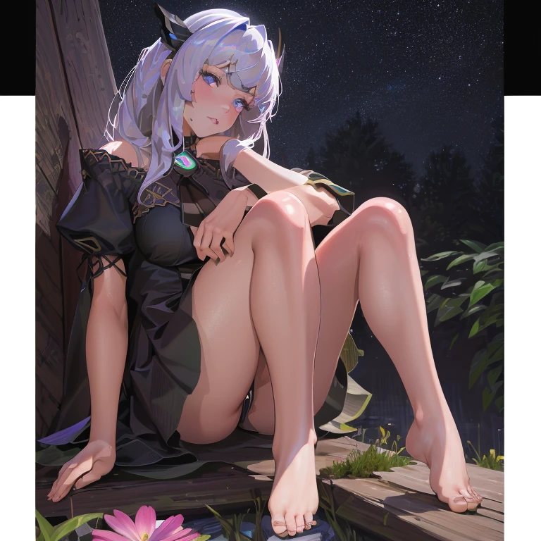 (best quality,4k,8k,highres,masterpiece:1.2),ultra-detailed,(realistic,photorealistic,photo-realistic:1.37),illustration,soft lighting,a girl with white hair,deep purple eyes,glowing eyes,sitting down,barefoot,face blushing,in a garden at night,flowers.