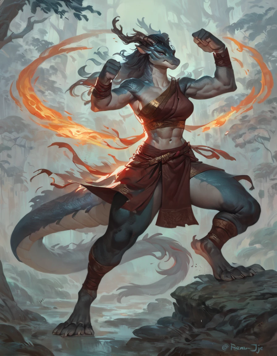 By Ruan Jia, by ross tran, female anthro eastern dragon, solo, monk, forest, proud expression, night, standing, midriff, muscular, detailed, newest, feet, battle pose, (2023:1), (best_quality:1), (high_quality:1), (absurd_res:1), (hi_res:1), (detailed:1),