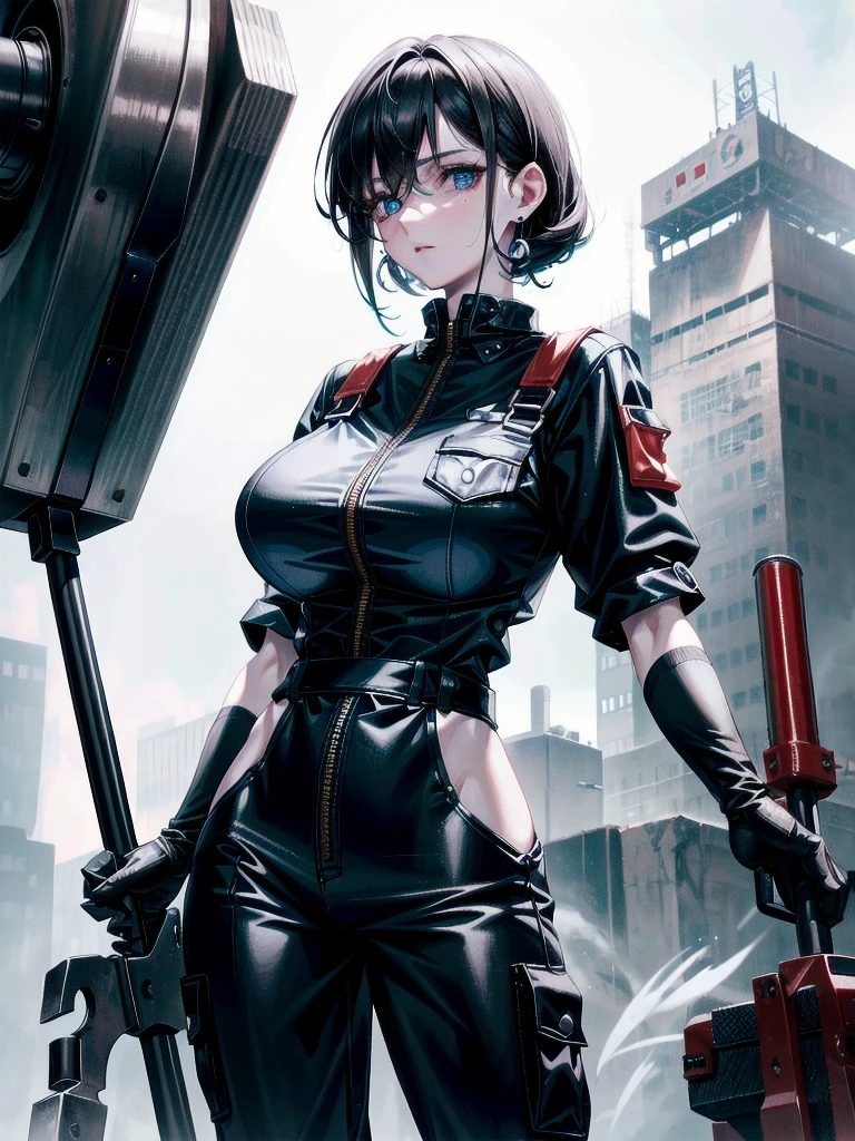 whole body, mechanic jumpsuit, (huge hammer), absurdres, RAW photo, extremely delicate and beautiful, masterpiece, Best Quality, ultra high resolution, 32k, hyperrealistic, ultra-detailed, detailed description, pale skin, 20 years old, detailed beautiful face and eyes, tearful mole, earring, Colossal tits, short medium hair, wavy hair,