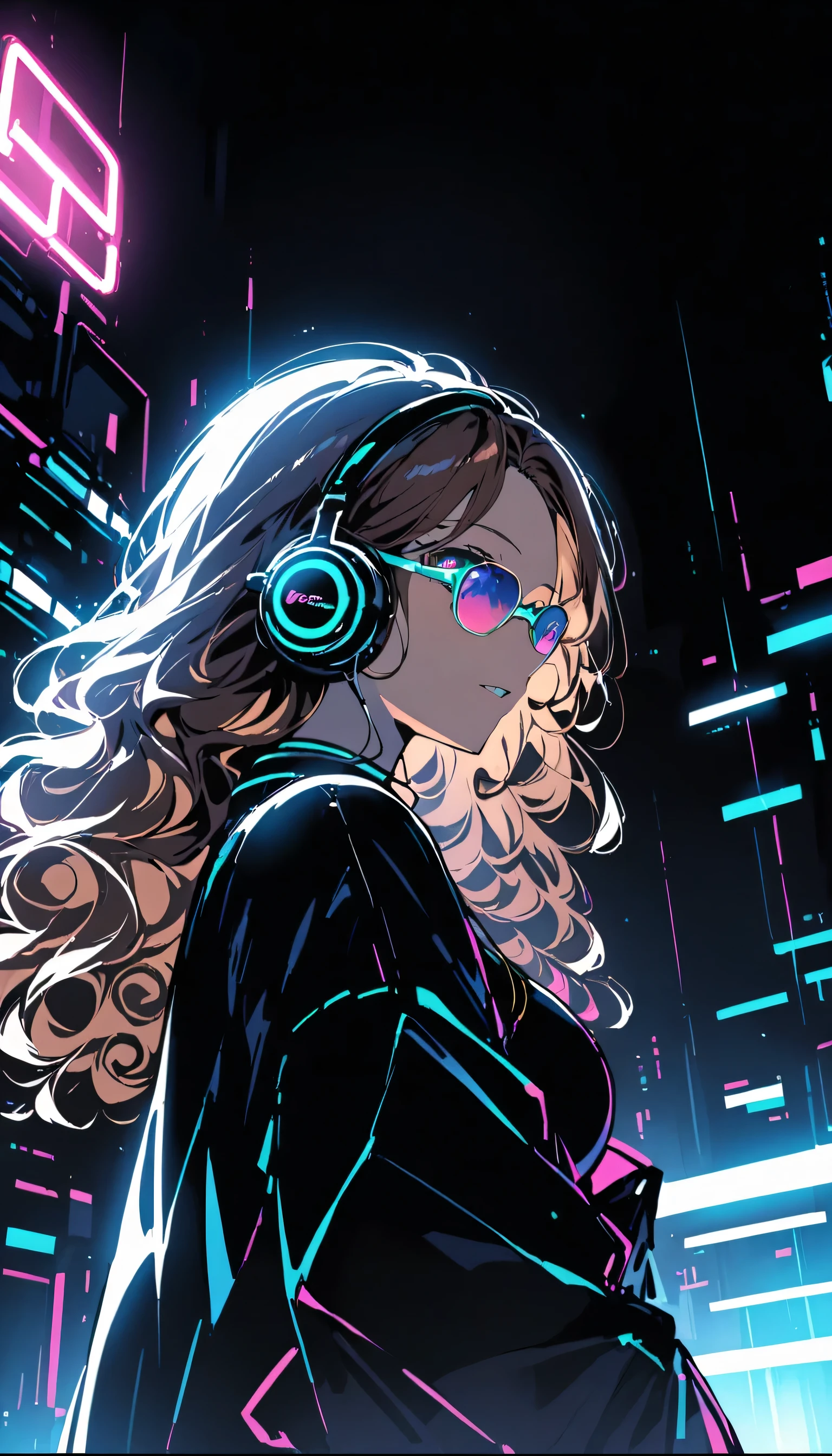 Brown Hair . Beautiful woman with curly hair and sunglasses、Wearing full-sized headphones、Neon glow of neon cyberpunk coordinator at night in a dark room。