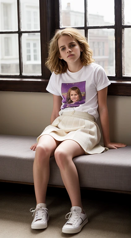 Emma Watson,9 anos,,Hermione Granger, 9 anos,1girl, sexy, by sofa, full body view, flat torso, pussy, ass, standing, con, skinny legs, skinny hands, sitting, spread legs, pussy juice, violet t-shirt, white skirt, white sneakers,