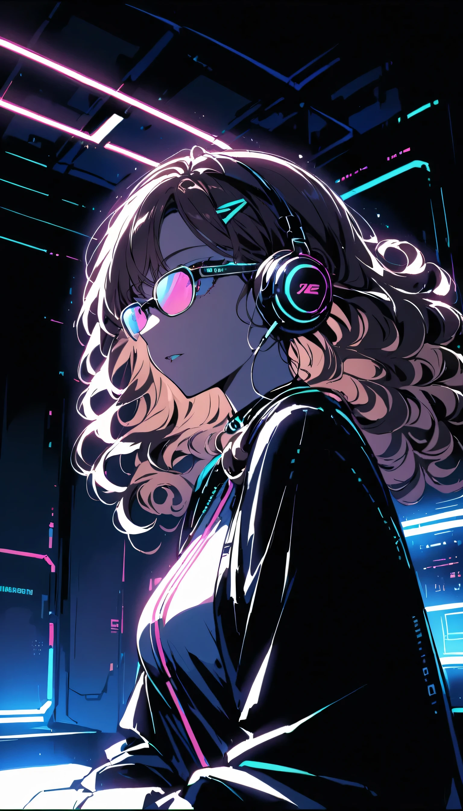 Brown Hair . Beautiful woman with curly hair and sunglasses、Wearing full-sized headphones、Neon glow of neon cyberpunk coordinator at night in a dark room。