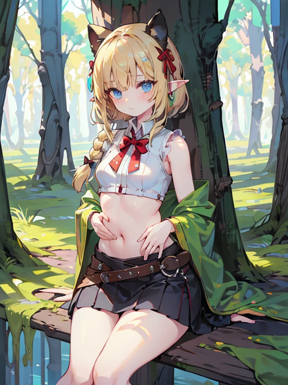 masterpiece, highest quality, Very detailed, 16k, Ultra-high resolution、1 middle-aged elf girl, Detailed face、Perfect Fingers, Elf Ears, Small breasts, blue eyes, Blonde, Braid, Sleeveless, Belly button, Tight Skirt, Light clothing, Carrying a bow on your back, in the forest, Sitting on the branch of a big tree