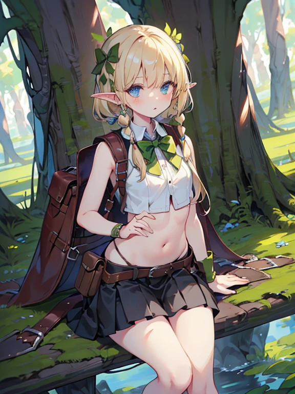 masterpiece, highest quality, Very detailed, 16k, Ultra-high resolution、1 middle-aged elf girl, Detailed face、Perfect Fingers, Elf Ears, Small breasts, blue eyes, Blonde, Braid, Sleeveless, Belly button, Tight Skirt, Light clothing, Carrying a bow on your back, in the forest, Sitting on the branch of a big tree