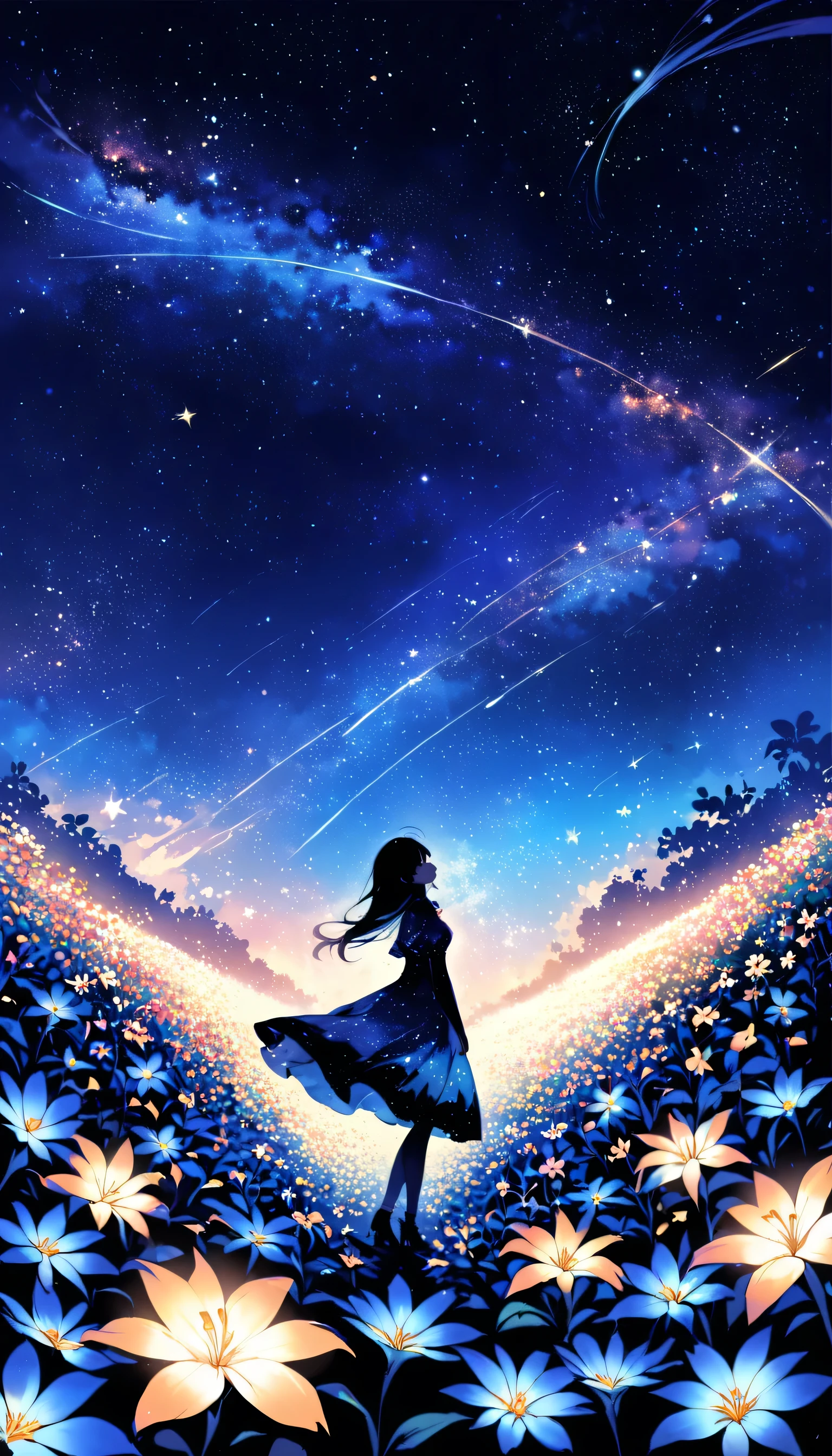 There is a girl Standing in a flower field looking up at the sky, a girl Standing in a flower field, Girl walking in a flower field, I was lost in a dream-like wonderland, Standing in a flower field, Amazing digital painting, The sky gradually cleared, The starry sky is gradually々moving away from