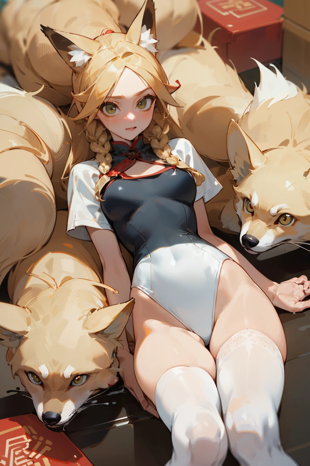 (masterpiece, best quality) detailed, Wearing black tights, Blonde ,elegant, (Fox ears)，Red Eyeshadow, ，Chinese element pattern，thigh，Leaking thigh，White shirt，Deep V one-piece swimsuit，White lace tights