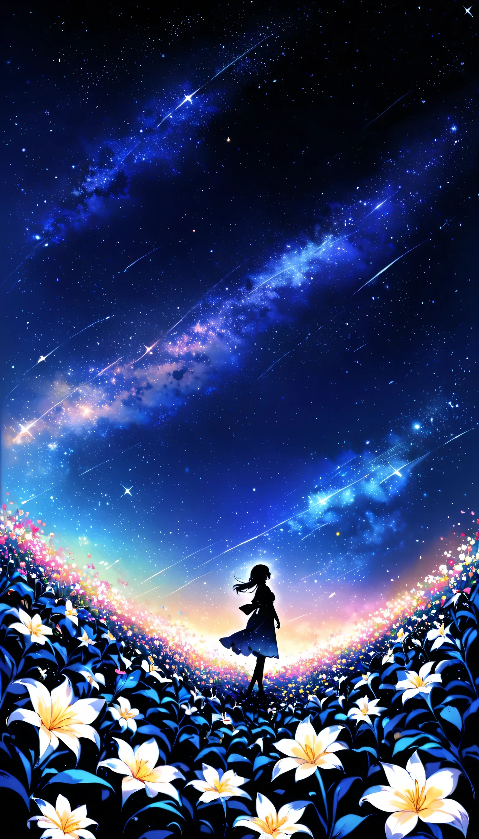 There is a girl Standing in a flower field looking up at the sky, a girl Standing in a flower field, Girl walking in a flower field, I was lost in a dream-like wonderland, Standing in a flower field, Amazing digital painting, The sky gradually cleared, The starry sky is gradually々moving away from  