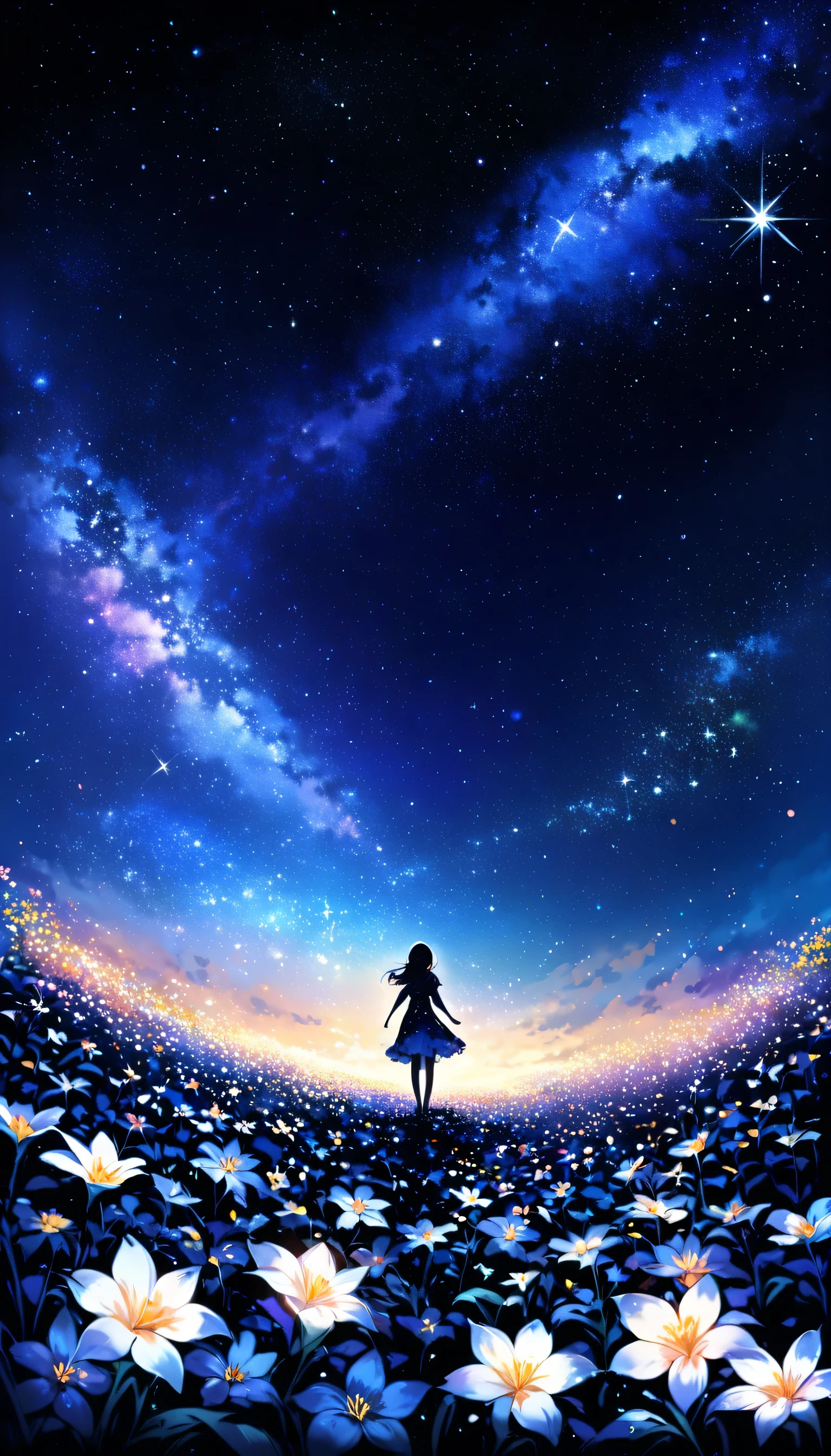 There is a girl Standing in a flower field looking up at the sky, a girl Standing in a flower field, Girl walking in a flower field, I was lost in a dream-like wonderland, Standing in a flower field, Amazing digital painting, The sky gradually cleared, The starry sky is gradually々moving away from