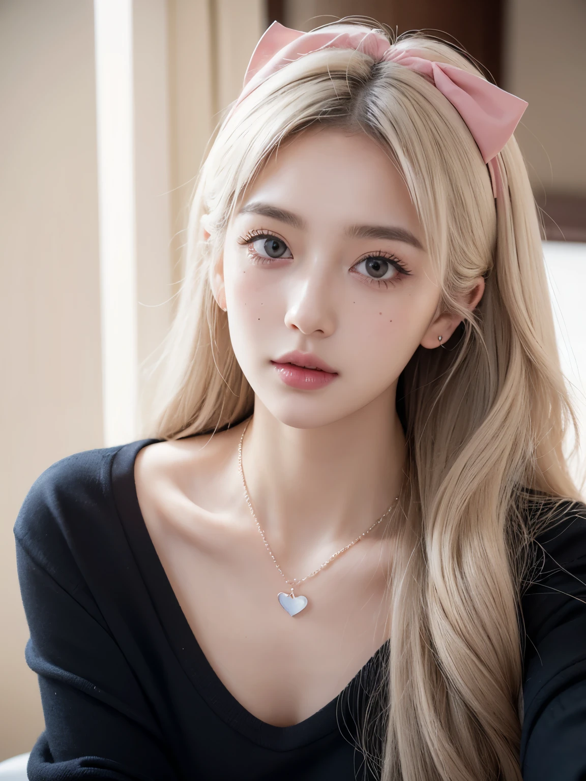 A beautiful girl, with brown-white hair, with curly tips, with two bows on each side of her hair, all her hair brown-white, with a star clip in her brown-white hair, light-colored eyes, beautiful eyes, teary eyes, a beautiful and perky nose, a teary nose, pretty lips, pink lips, heart-shaped and cupid's bow lips, beautiful pale skin, white skin, with freckles and moles all over her face, soft pink blush on her cheeks, natural pink blush, soft and pink makeup, a cruel gothic girl, a beautiful neck, a marked neck, furrowing her brow, a tender gaze, wearing a kiss necklace, a beautiful kiss necklace, resembling Yumeko Jabami, wearing a shirt, a Crochet YK2, with a YK2-style brown miniskirt, while wearing a jacket with teddy bear prints, with a bare, slim, and beautiful abdomen, (large breasts, soft breasts, beautiful breasts), while cosplaying as the character Yumeko Jabami from the anime Kakegurui, looking at the camera, taking a nice selfie.