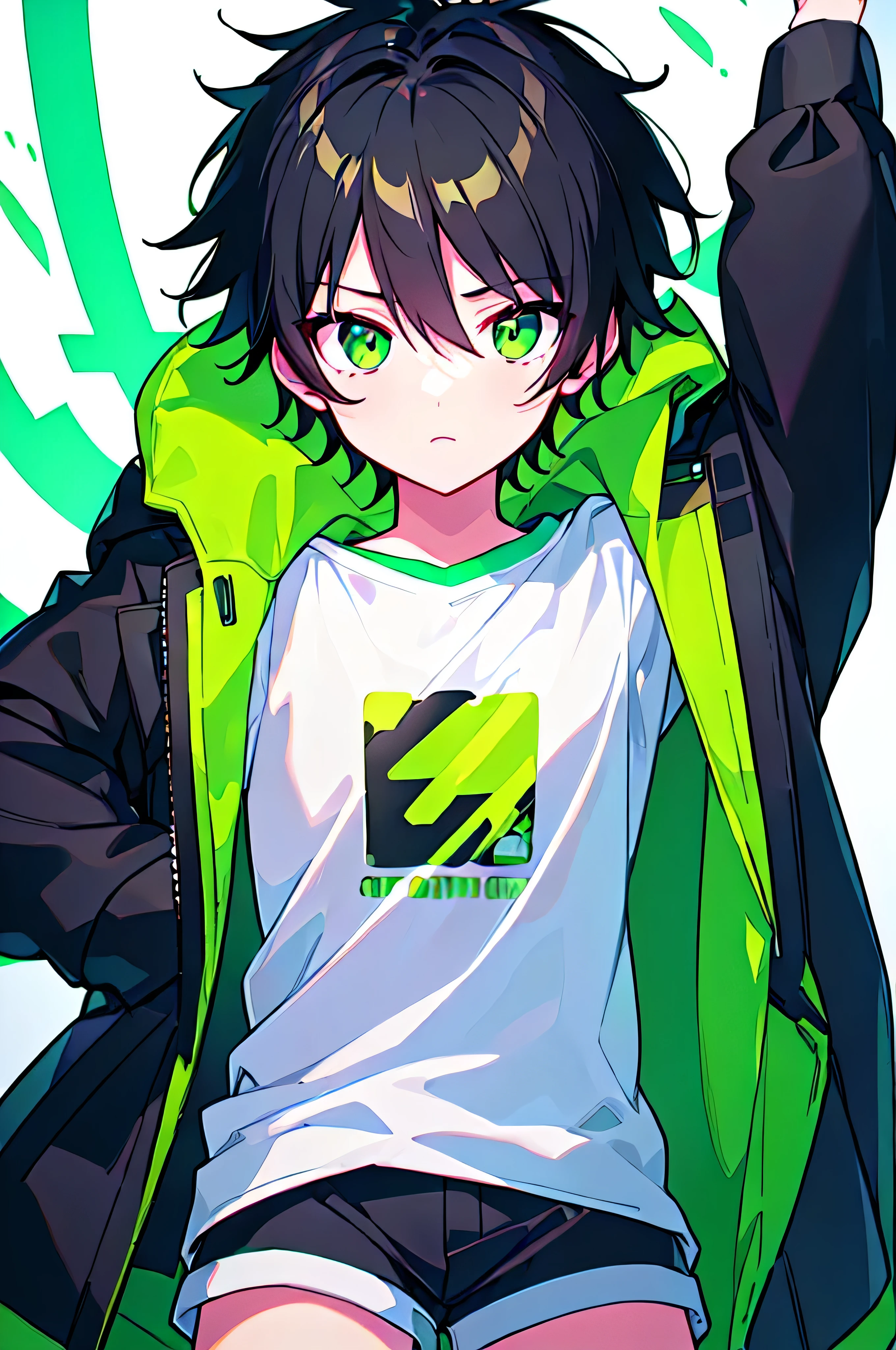 [(WHITE BACKGROUND:1.5),::5], ((((masterpiece)))), high quality, ultra_very_high_resolution, large_filesize, (green base), full color, ((solo)), ((little boy)), (((black short hair))), green eyes, anime, neon light, black parka,