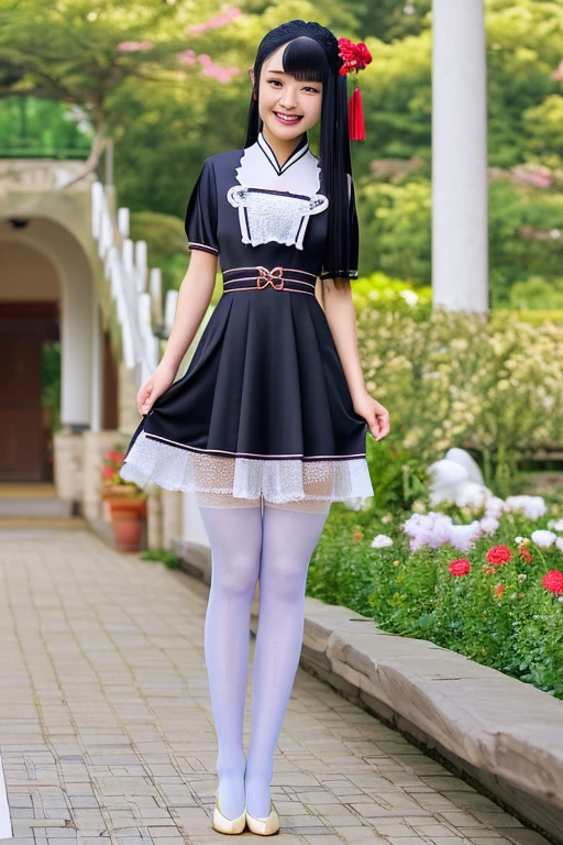 ((16k，super highest quality，Ultra-high resolution，masterpiece，Realistic，Realistic，Very detailed))，Young, adorable, cute and sexy 16 year old〜20 year old girl，((Seamless Ultra-thin All-through Pantyhose，Ultra-thin seamless pantyhose, sexy, all-through, beautiful legs, tights, stockings, sheer, pantyhose, ladies))，Full body photo，Full body angle，Esbian all over，Baby Face，single eyelid，Long legs，Thin legs，Thin thighs，Beautiful hands and feet，chest，Cute smile，Adorable smile，nice smile，Rose garden in the background，Long Straight Hair，Iris，Black Hair，A cute and beautiful Japanese girl who still retains her youthful charm，A body that still retains a youthful look，Slim waist，((Modern Chinese traditional costume for women，Short Chinese dresini Chinese Dress，Sexy Chinese Dress，Chinese Dress Sexy Lolita Dress))