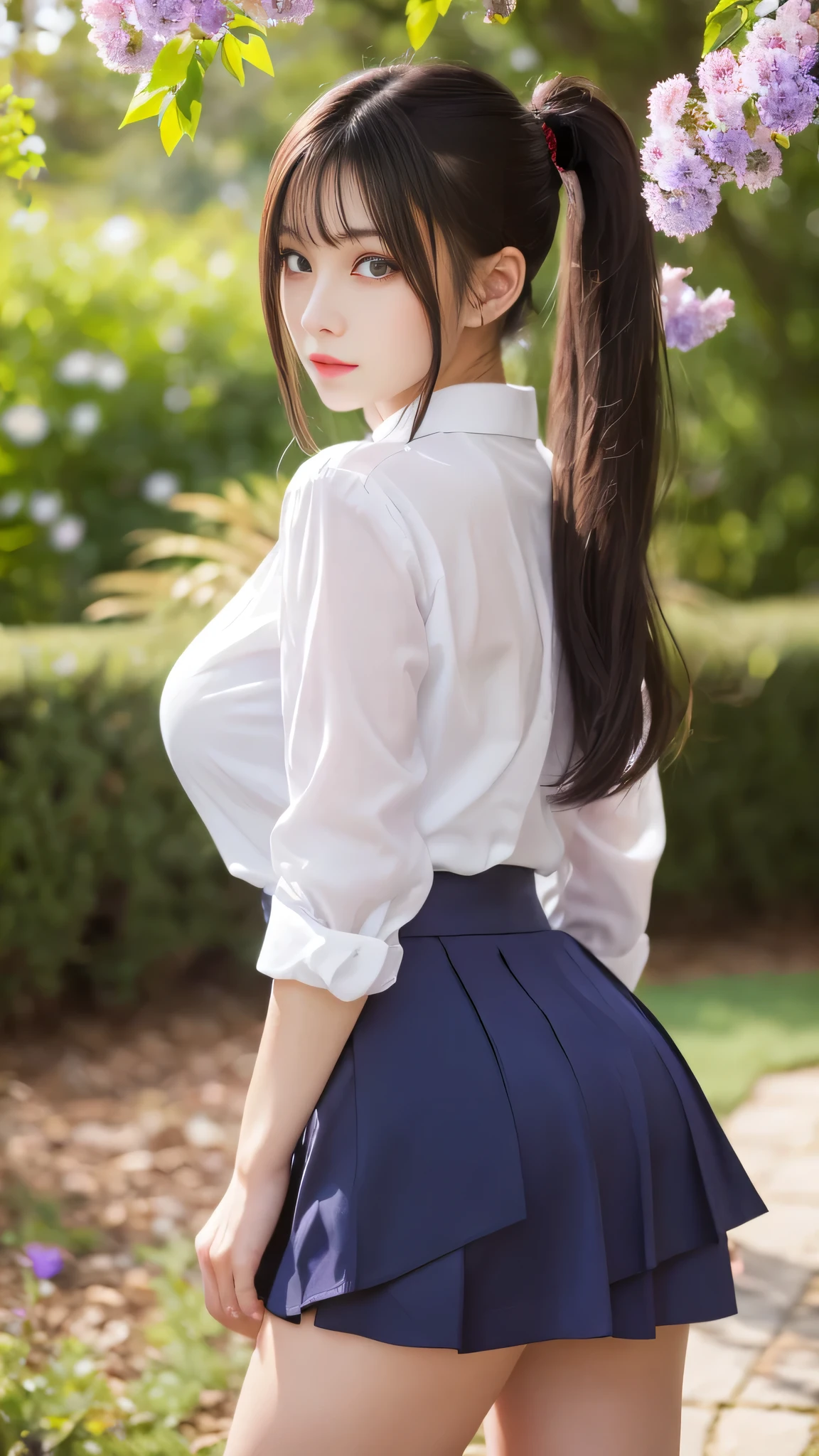 highest quality, masterpiece,, One girl, alone, , White shirt, Black Skirt, Light Hair, Semi-long hair, Beautiful detailed girl, Highly detailed eyes and face, Beautiful fine details, shy, nature, Shine, View your viewers, Outdoor, loafers, Black Pantyhose, Blue bow tie, Straight hair, Purple petals, Purple and blue flowers, Red Eyes, ponytail, Blue Ribbon,Beautiful thighs, Large Breasts, Red eyes,