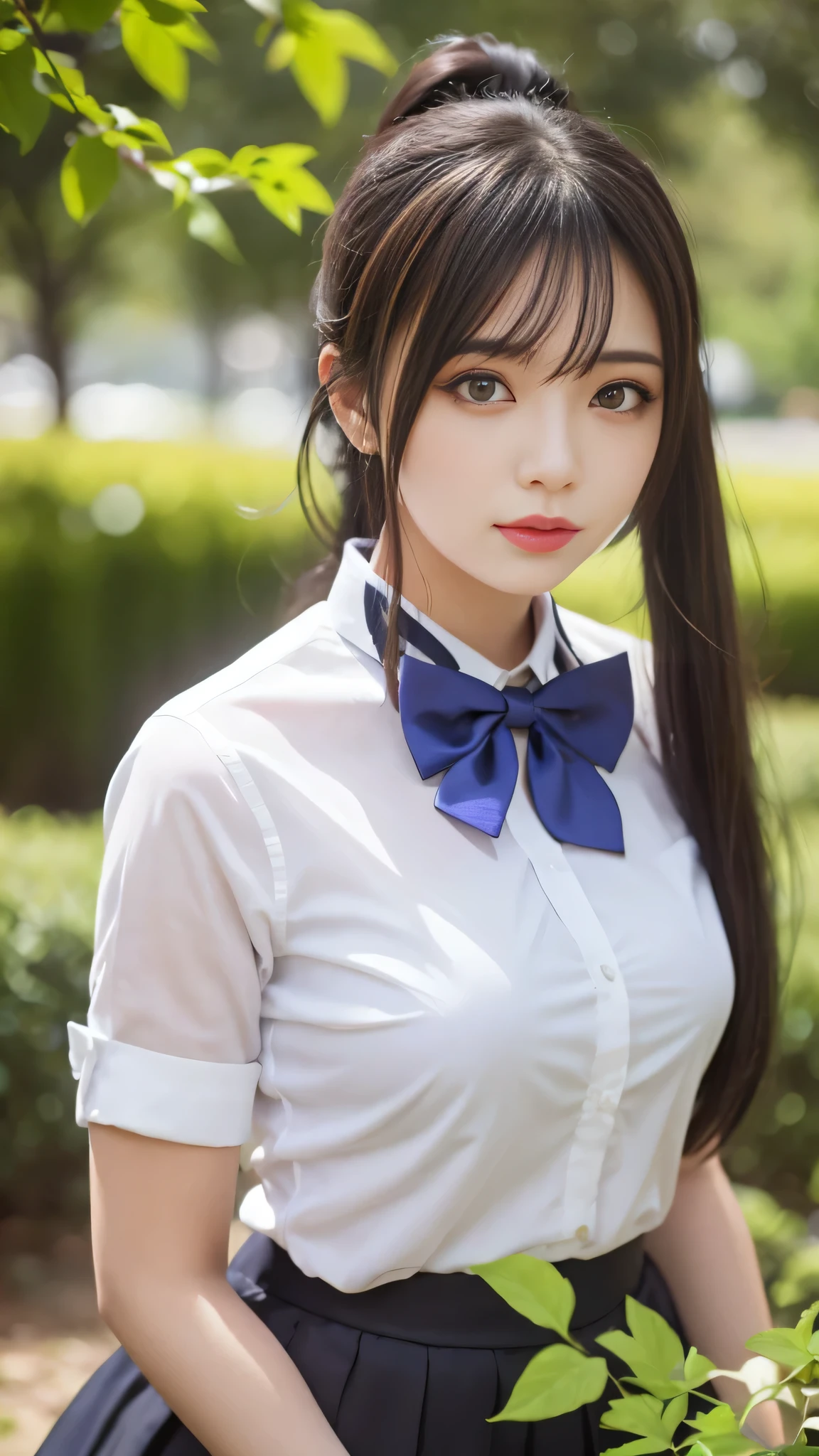 highest quality, masterpiece,, One girl, alone, , White shirt, Black Skirt, Light Hair, Semi-long hair, Beautiful detailed girl, Highly detailed eyes and face, Beautiful fine details, shy, nature, Shine, View your viewers, Outdoor, loafers, Black Pantyhose, Blue bow tie, Straight hair, Purple petals, Purple and blue flowers, Red Eyes, ponytail, Blue Ribbon,Beautiful thighs, Large Breasts, Red eyes,