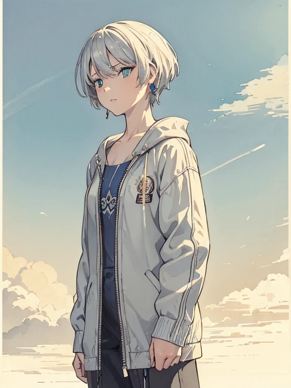 cool, masterpiece, highest quality, High resolution,,Woman standing on the roof, alone,Silver Hair, Small earrings,short hair, outside,Artistic,An illustration,Line art,Aqua Eye,morning,Best lighting,sun,casual, A woman wearing a Sukajan jacket,Flat Chest,Watercolor,Beautiful Face,tall,Woman holding a cigarette
