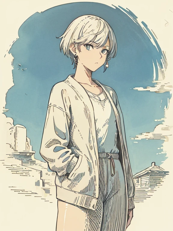 cool, masterpiece, highest quality, High resolution,,Woman standing on the roof, alone,Silver Hair, Small earrings,short hair, outside,Artistic,An illustration,Line art,Aqua Eye,morning,Best lighting,sun,casual, A woman wearing a Sukajan jacket,Flat Chest,Watercolor,Beautiful Face,tall,Woman holding a cigarette
